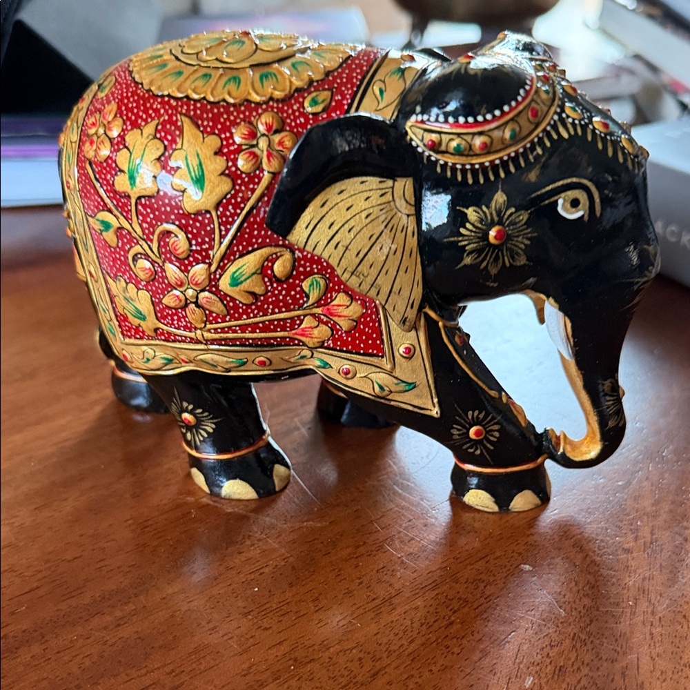Hand-Painted Decorative Elephant Figurine in Black, Red & Gold